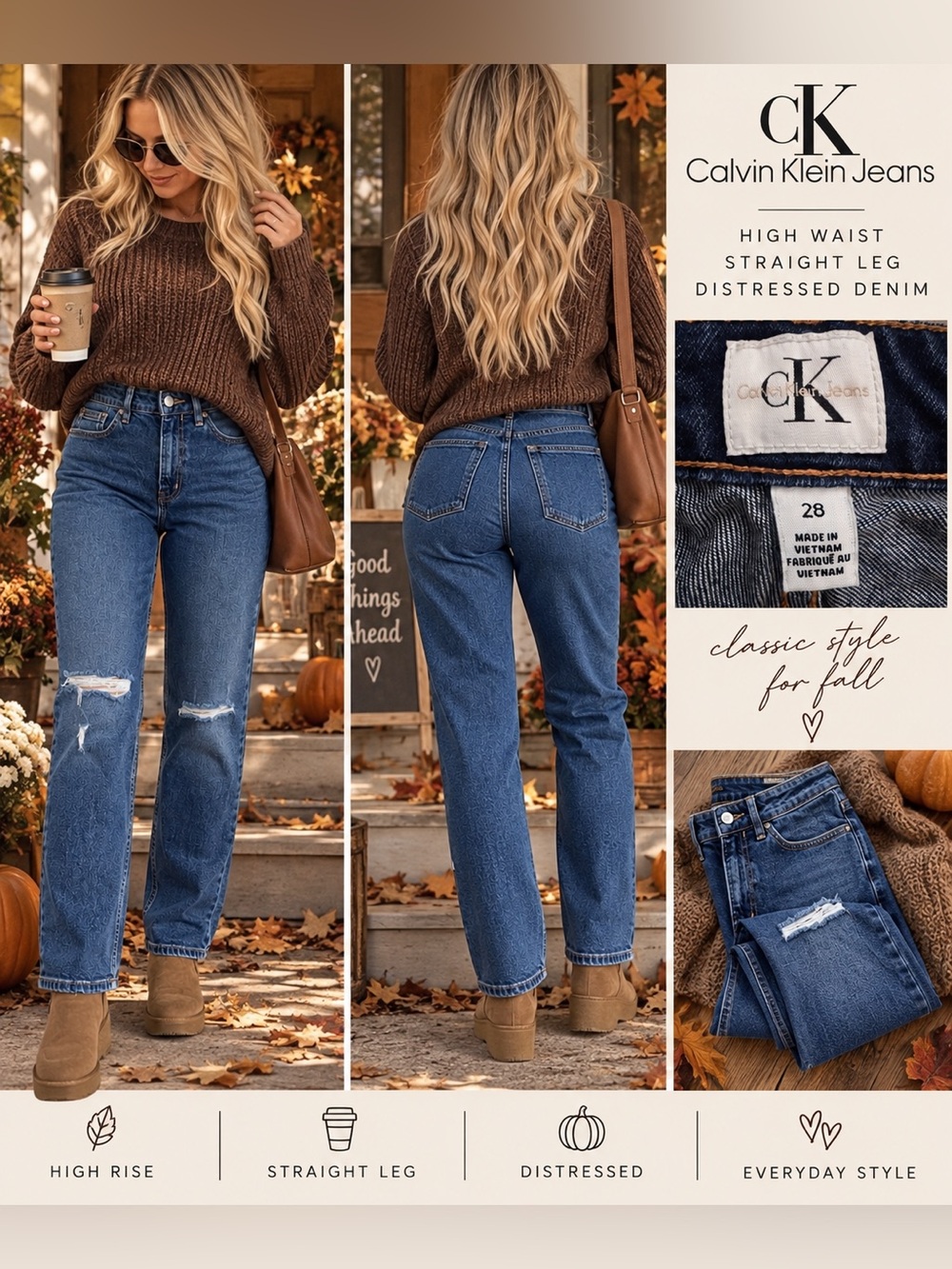 Calvin Klein Jeans Size 28 High Waist Straight Leg Distressed Blue Denim